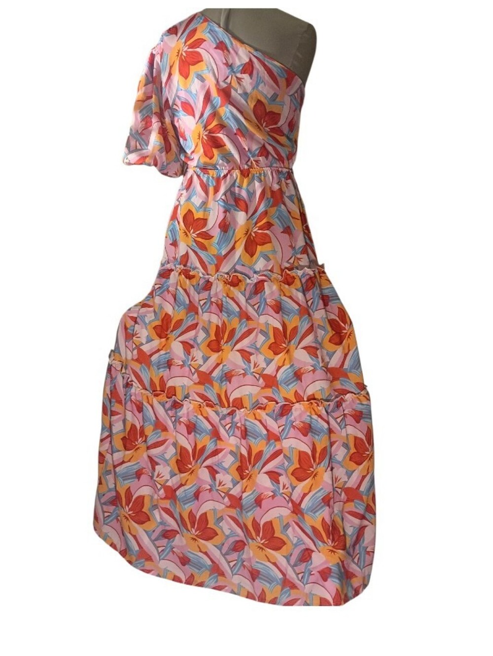 zebra Collection One-Shoulder Hawaiian Floral Tiered Maxi Dress